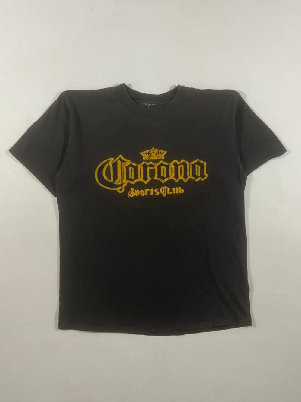 Vintage Corona Sports Club Faded Black Old English Graphic Beer Promo Tee